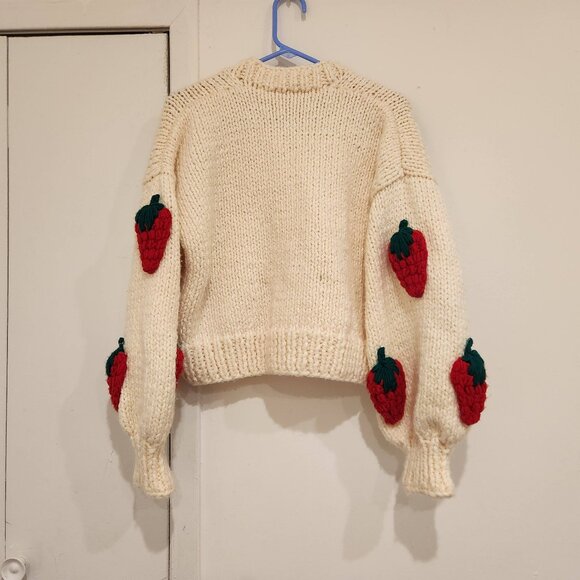 Strawberry Red and White Hand-Knit Chunky Sweater Cardigan M - Picture 4 of 6